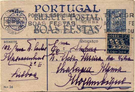 20Lis_255.jpg -     Lote:     255             Descrição:     1939 - Boas Festas. Tudo pela Nação. OM89 (26 - Ida para a Missa do Galo), com adicional de $25 Tudo pela Nação, circulado de Lisboa (29.12.39) para Moçambique * MOMA (01.03.40).          IC        Valor Base:     &euro; 15,00     Valor Venda:     &euro;      