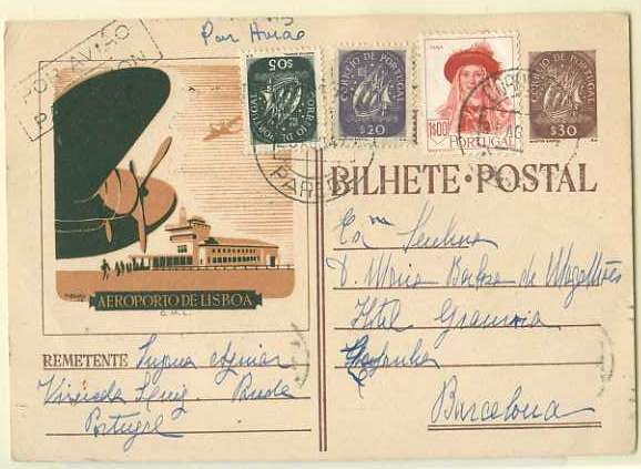 20Lis_256.jpg -     Lote:     256             Descrição:     1947 - 4.ª Série S.P.P.. Propaganda da Câmara Municipal de Lisboa. OM108 (Aeroporto de Lisboa), $30 castanho, circulado por via aérea da Parede (25.08.47) para Barcelona, com selos adicionais tipo Caravela de $05 e $20 CE617. 620 e selo de 1$00 vermelho, Costumes Portugueses CE681. MB.         IC        Valor Base:     &euro; 10,00     Valor Venda:     &euro;      