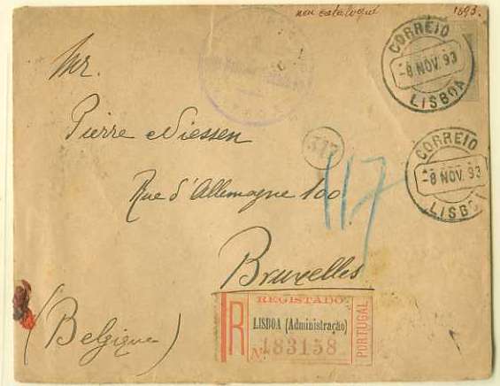 20Lis_270.jpg -     Lote:     270             Descrição:     1893 - D. Carlos I Diogo Neto. Sobrescritos. OM4, 50 reis azul-cinzento circulado registado de Lisboa (08.11.1893) para a Bélgica (11.11.1893) com selos adicionais no verso inutilizados a lápis azul da emissão D. Luís I som sobrecarga Provisório, de 10 reis verde CE81 e 15 reis (3 selos) CE83. MB e R.         IC        Valor Base:     &euro; 75,00     Valor Venda:     &euro;      