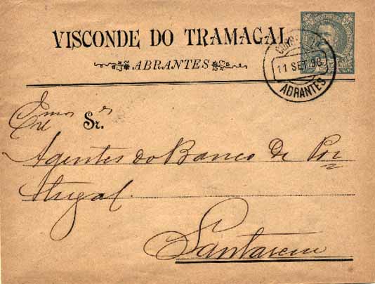 20Lis_271.jpg -     Lote:     271             Descrição:     1893 - D. Carlos I Diogo Neto. Sobrescritos. OM3, 25 reis verde sobre papel camurça, repicado "VISCONDE DE TRAMAGAL", circulado de Abrantes (11.09.98) para Santarém. B.         IC        Valor Base:     &euro; 4,00     Valor Venda:     &euro;      