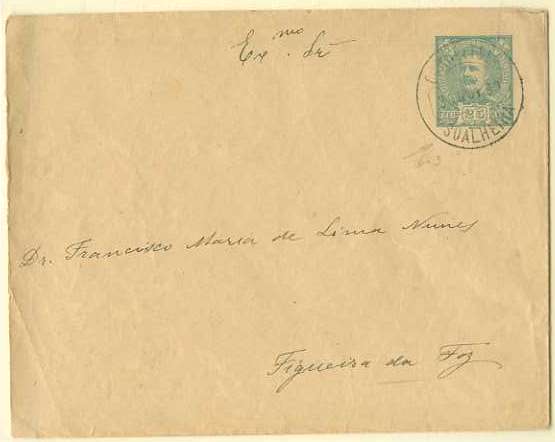 20Lis_272.jpg -     Lote:     272             Descrição:     1896 - D. Carlos I Mouchon. Sobrescritos. OM5, 25 reis verde em papel camurça, circulado de SOALHEIRA (30.11.99) para a Figueira da Foz.         IC        Valor Base:     &euro; 6,00     Valor Venda:     &euro;      