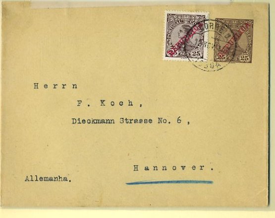 20Lis_273.jpg -     Lote:     273             Descrição:     1910 - D. Manuel II com sobrecarga República. Sobrescritos. OM9, 25 reis castanho escuro circulado de Lisboa (12.11.10) para a Alemanha, com selo adicional de 25 reis D. Manuel II com sobrecarga República.         IC        Valor Base:     &euro; 10,00     Valor Venda:     &euro;      