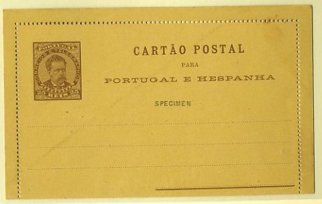 20Lis_274.jpg -     Lote:     274             Descrição:     1887 - D. Luís I, tipo Mouchon. Bilhetes-Cartas. OM1, 25 castanho sobre cartolina amarelo-castanha. Prova com sobrecarga SPECIMEN a preto impressa na horizontal. B.         PRV        Valor Base:     &euro; 20,00     Valor Venda:     &euro;      