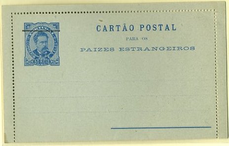 20Lis_276.jpg -     Lote:     276             Descrição:     1887 - D. Luís I, tipo Mouchon. Bilhetes-Cartas. OM2, 50 reis azul sobre cartolina azul clara. Prova com traço fino de 20 mm. B.         PRV        Valor Base:     &euro; 20,00     Valor Venda:     &euro;      