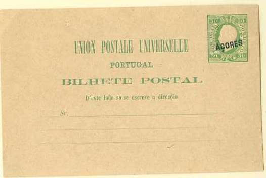 20Lis_283.jpg -     Lote:     283             Descrição:     1879 - D. Luís I, fita direita. Impressão em relevo. Bilhetes-postais de Portugal com sobrecarga AÇORES. OM5a, 30 reis verde, "Sr.", em itálico debaixo do "B" de Bilhete.         IN        Valor Base:     &euro; 10,00     Valor Venda:     &euro;      