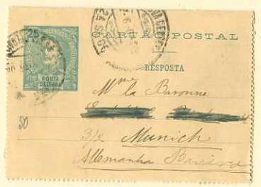 20Lis_285.jpg -     Lote:     285             Descrição:     1897 - D. Carlos I Mouchon. Cartões Postais. OM3, 25+25 reis. Resposta circulada de Ponta Delgada (17.06.04) para a Alemanha (26.06.04) com trânsito por Lisboa (22.06.04). MB e MR.         IC        Valor Base:     &euro; 30,00     Valor Venda:     &euro;      