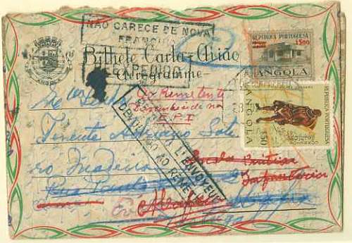 20Lis_287.jpg -     Lote:     287             Descrição:     1957 - Edifícios Públicos * 3.ª série, com sobretaxa local. OM16, 1$00 s/ 2$50. Aerograma circulado de Luanda (28.11.57) para Mafra (02.12.57) com selo adicional de $50 Indígenas de Angola CE394. Diversos carimbos de reexpedição.         IC        Valor Base:     &euro; 10,00     Valor Venda:     &euro;      