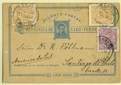 20Lis_289.jpg -     Lote:     289             Descrição:     1885 - D. Luís I. OM1, 10 reis azul claro sobre cartolina camurça, circulado de S. Vicente (23.04.97) para o Chile (14.05.97) com selos adicionais de 5 reis (2) e 10 reis D. Carlos I Diogo Neto. Raro destino e porte correcto de 30 reis.         IC        Valor Base:     &euro; 75,00     Valor Venda:     &euro;      