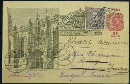 20Lis_300.jpg -     Lote:     300             Descrição:     1898 - 4.º Centenário do Descobrimento do Caminho Marítimo para a Índia, emissão para África. OM1, 10 reis lilás, circulado de Lourenço Marques(08.10.01) para a Suiça (11.11.01) com selo adicional de 20 reis D. Carlos I Mouchon de Lourenço Marques.          IC        Valor Base:     &euro; 25,00     Valor Venda:     &euro;      