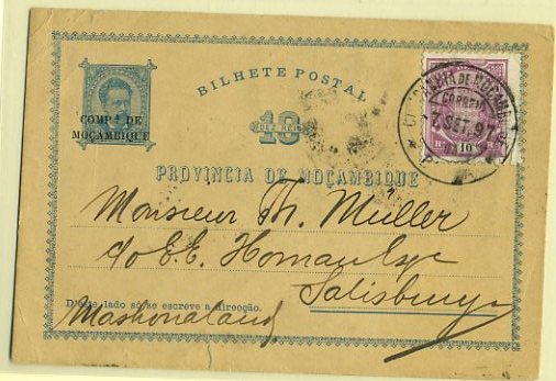 20Lis_304.jpg -     Lote:     304             Descrição:     1892 - D. Luís I de Moçambique com sobrecarga horizontal Comp.ª de Moçambique. OM1, 10 reis azul circulado da Beira (07.09.97) para a Machonalândia (12.07.97) com selo adicional de 10 reis lilás tipo Elefante. Raro destino.         IC        Valor Base:     &euro; 100,00     Valor Venda:     &euro;      