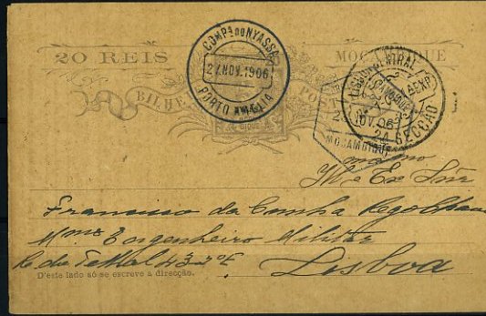 20Lis_307.jpg -     Lote:     307             Descrição:     1904 - D. Carlos Mouchon. Inteiros postais de Moçambique com sobrecarga "NYASSA". OM5, 20 reis violeta sobra cartolina camurça, circulado de Porto Amélia (27.11.06) para Lisboa (02.01.07) com trânsito por Moçambique (28.11.06). MB e R.         IC        Valor Base:     &euro; 100,00     Valor Venda:     &euro;      