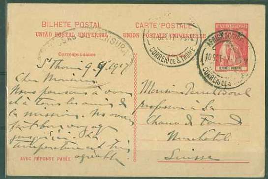 20Lis_309.jpg -     Lote:     309             Descrição:     1914 - Ceres. OM18, 2 + 2 ctvs carmim em cartolina creme, circulado de S. Tomé (10.09.17) para a Suiça, censurado em S. Tomé, com carimbo batido a preto "COMISSÃO DE CENSURA / S. TOMÉ E PRINCIPE". Só foram impressos 3.750 inteiros postais desta taxa.         IC        Valor Base:     &euro; 20,00     Valor Venda:     &euro;      