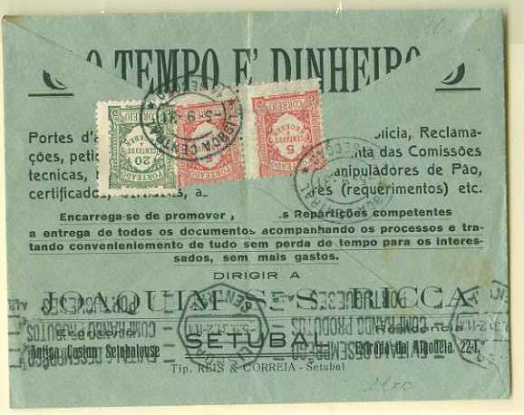 20Lis_315.jpg -     Lote:     315             Descrição:     Porteado. 1915/27 - Emissão regular (tipo 1904) multicolor e unicolor. Carte remetida de Setúbal (04.09.31) para Lisboa (05.09.31) porteada por insuficiência de franquia em 40 ctvs, com selos de 5 ctvs carmim rosa (par) CE POR26 e 20 ctvs verde oliva CE POR34. Bonita franquia mista.         Carta        Valor Base:     &euro; 15,00     Valor Venda:     &euro;      