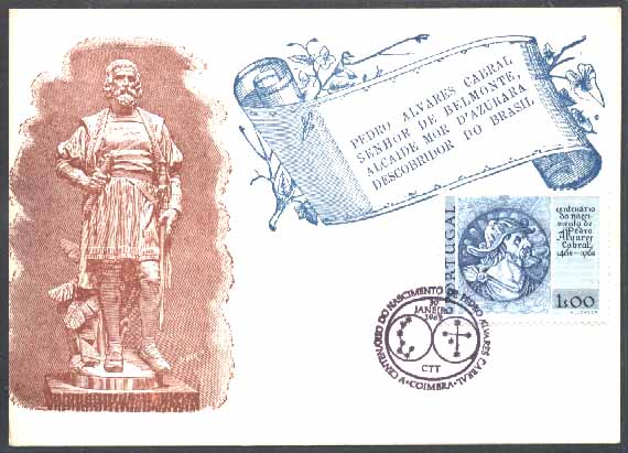 20Lis_357.jpg -     Lote:     357             Descrição:     Pedro Alvares Cabral. Postal ilustrado de Pedro Alvares Cabral com selo de 1$00 do 5.º Centenário do Nascimento de Pedro Alvares Cabral, obliterados com carimbo do 1.º dia de circulação de Coimbra (30.01.1969).         PM        Valor Base:     &euro; 5,00     Valor Venda:     &euro;      