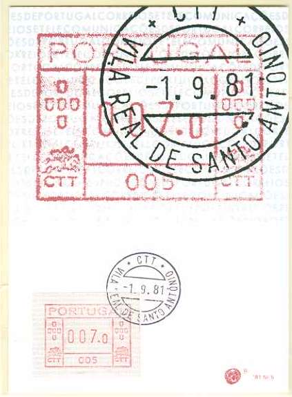 20Lis_360.jpg -     Lote:     360             Descrição:     1981 - Correios e Telecomunicações de Portugal (FRAMA). Postal ilustrado com etiqueta de 007,0 da máquina 005, com etiqueta de 007,0 da máquina 005 CE ETQ1, obliterados com carimbo de Vila Real de Santo António (01.09.81 - 1.º dia de circulação).         PM        Valor Base:     &euro; 15,00     Valor Venda:     &euro;      
