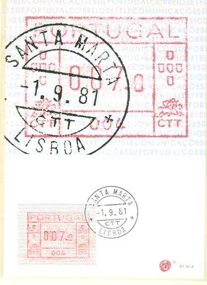 20Lis_361.jpg -     Lote:     361             Descrição:     1981 - Correios e Telecomunicações de Portugal (FRAMA). Postal ilustrado com etiqueta de 007,0 da máquina 004, com etiqueta de 007,0 da máquina 004 CE ETQ1, obliterados com carimbo de Santa Marta (01.09.81 - 1.º dia de circulação).         PM        Valor Base:     &euro; 15,00     Valor Venda:     &euro;      