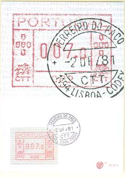20Lis_362.jpg -     Lote:     362             Descrição:     1981 - Correios e Telecomunicações de Portugal (FRAMA). Postal ilustrado com etiqueta de 007,0 da máquina 002, com etiqueta de 007,0 da máquina 002 CE ETQ1, obliterados com carimbo do Terreiro do Paço (02.12.81 - 1.º dia de circulação).         PM        Valor Base:     &euro; 15,00     Valor Venda:     &euro;      