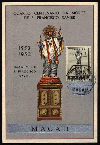 20Lis_367.jpg -     Lote:     367             Descrição:     S. Francisco Xavier. Lote de dois postais máximos; postal ilustrado com imagem de S. Francisco Xavier, com selo de 3 avos comemorativo do 4.º Centenário da Morte de S. Francisco Xavier CE368, obliterado com carimbo de Macau (28.10.1955).         PM        Valor Base:     &euro; 30,00     Valor Venda:     &euro;      