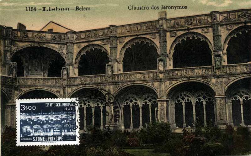 20Lis_373.jpg -     Lote:     373             Descrição:     Claustros do Mosteiro dos Jerónimos. Postal ilustrado dos Claustros do Mosteiro dos Jerónimos, com selo de 3$00 da emissão Exposição de Arte Sacra Missionária (Claustros dos Jerónimos) obliterados em S. Tomé (19.02.56).         PM        Valor Base:     &euro; 40,00     Valor Venda:     &euro;      