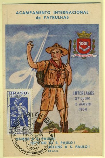 20Lis_374.jpg -     Lote:     374             Descrição:     Escutismo. Postal ilustrado do Acampamento Internacional de Patrulhas em S. Paulo, com selo de 1,20 crs comemorativo da efeméride, obliterados com carimbo também evocativo do evento (02.08.54).         PM        Valor Base:     &euro; 5,00     Valor Venda:     &euro;      