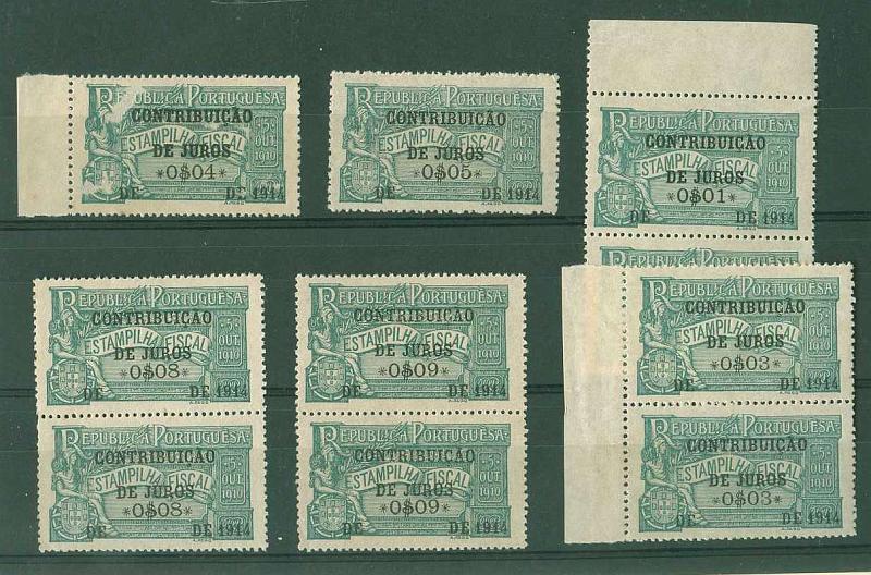 20Lis_496.jpg -     Lote:     496             Descrição:     1914 - Contribuição de Juros. Lote composto por duas estampilhas simples de 0$04 e 0$05 e quatro pares verticais de estampilhas nas taxas de 0$01, 0$03, 0$08 e 0$09. PB1046, 1048/50, 1053/4.         *        Valor Base:     &euro; 10,00     Valor Venda:     &euro;      