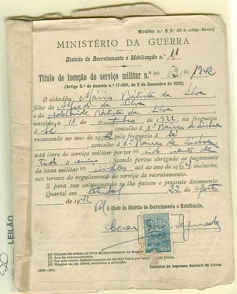 20Lis_501.jpg -     Lote:     501             Descrição:     1927 - Liga dos Combatente. Título de Isenção do Serviço Militar emitido em 22 de Agosto de 1942, selado com estampilha de 15$00 da Liga dos Combatentes PB3.         DOC        Valor Base:     &euro; 10,00     Valor Venda:     &euro;      