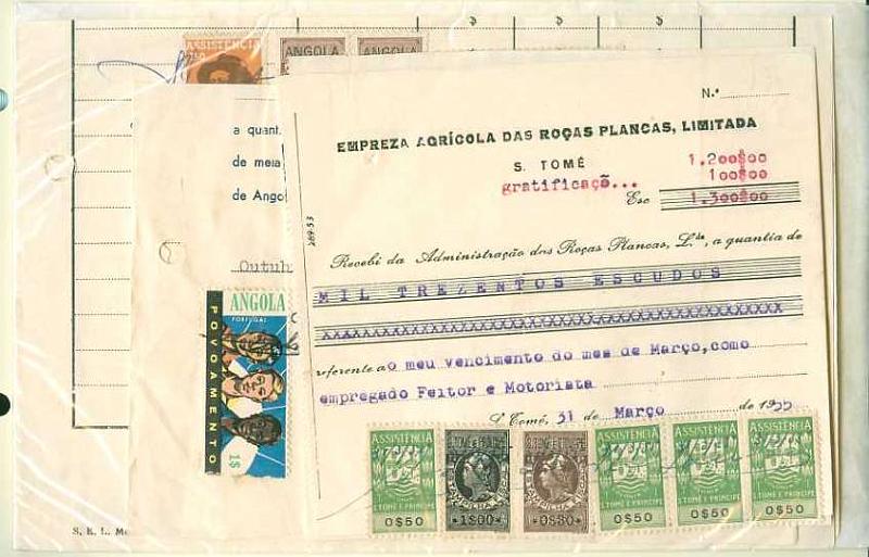 20Lis_506.jpg -     Lote:     506             Descrição:     Angola e S. Tomé e Príncipe. Lote de 5 recibos selados com estampilhas do imposto do selo e assistência. Lote a ver.         Lote        Valor Base:     &euro; 10,00     Valor Venda:     &euro;      