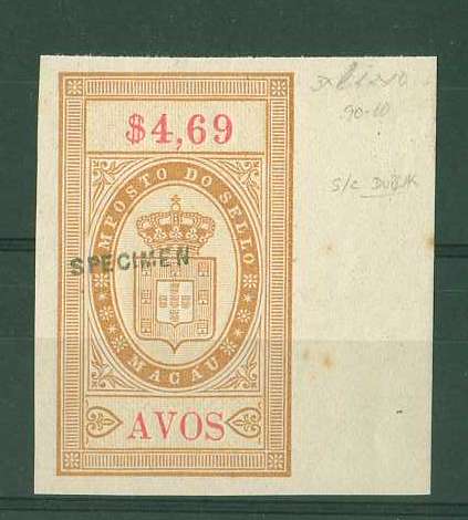 20Lis_513.jpg -     Lote:     513             Descrição:     1904 - Imposto de selo. PB77, $4,69 Avos, bistre, não denteada, bordo direito de folha, com sobrecarga horizontal SPECIMEN batida a preto.         PRV        Valor Base:     &euro; 15,00     Valor Venda:     &euro;      