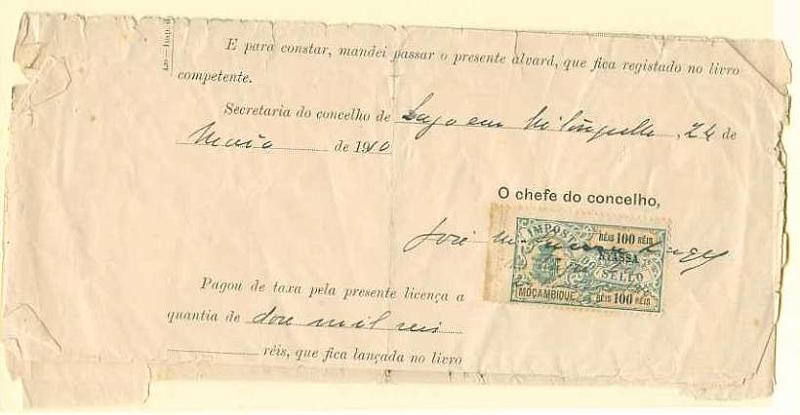 20Lis_514.jpg -     Lote:     514             Descrição:     1905 - Armas do Reino. Selos de Moçambique com sobrecarga NYASSA. Alvará de Licença para corte de madeira emitido em Lago (24.05.1910) selado com estampilha de 100 reis PB23 tipo B.         Doc        Valor Base:     &euro; 10,00     Valor Venda:     &euro;      