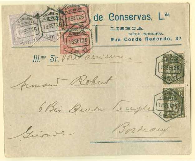 20Lis_535.jpg -     Lote:     535             Descrição:     1926 - 1º Voo pela Companhia Latécoere de Lisboa para Tanger. Sobrescrito remetido de Lisboa para França. Porte de 4$60 relativo a 1$60 do serviço internacional + 3$00 de sobretaxa para este voo em selos tipo Ceres de CE290 (2), 252 (2), CE257 (2), obliterados com o carimbo LAT. 17 do primeiro correio aéreo português. RARO.         Aéreo        Valor Base:     &euro; 400,00     Valor Venda:     &euro;      