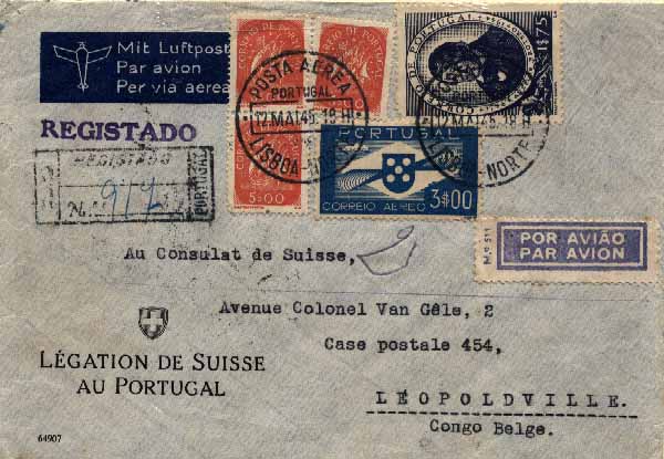 20Lis_547.jpg -     Lote:     547             Descrição:     1936/41 - Hélice. Sobrescrito circulado registado por via aérea de Lisboa (12.05.45) para Leopoldville * Congo Belga (25.05.45) com selo de 3$00 azul, CE CA4 + 3 selos de 5$00 Caravelas CE629 + selo de 1$75 Avelar Brotero CE643. MB.         Aéreo        Valor Base:     &euro; 15,00     Valor Venda:     &euro;      