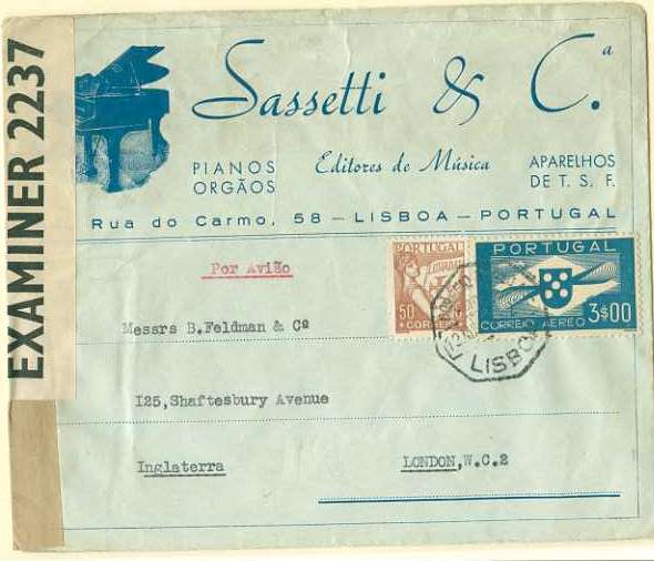 20Lis_550.jpg -     Lote:     550             Descrição:     1936/41 - Tipo Hélice. Sobrescrito circulado por via aérea de Lisboa (13.05.43) para Londres, com selo de 50 ctvs tipo Lusíadas CE522 de selo de 3$00 Tipo Hélice CECA4.         Aéreo        Valor Base:     &euro; 15,00     Valor Venda:     &euro;      