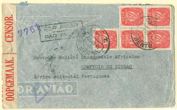 20Lis_551.jpg -     Lote:     551             Descrição:     1945 - Porto/Bissau. Carta remetida do Porto (08.03.45) para Bissau (11.08.45) com 5 selos de 2$50 tipo Caravela CE627. Seguiu via Luanda (06.04.1945) de onde foi remetida por via marítima para censura para Cape Town. Também por via marítima foi remetida para S. Vicente / Cabo Verde e posteriormente para Bissau. Interessante percurso.         Aéreo        Valor Base:     &euro; 35,00     Valor Venda:     &euro;      