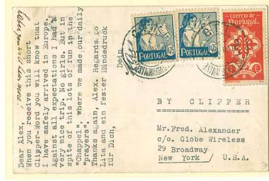 20Lis_552.jpg -     Lote:     552             Descrição:     1941 - Pelo Clipper. Postal ilustrado circulado por via aérea de Lisboa (22.07.41) para os EUA com par de selos de 1$75 Tudo pela Nação CE589 e 1$00 Legião Portuguesa CE615.         Aéreo        Valor Base:     &euro; 15,00     Valor Venda:     &euro;      