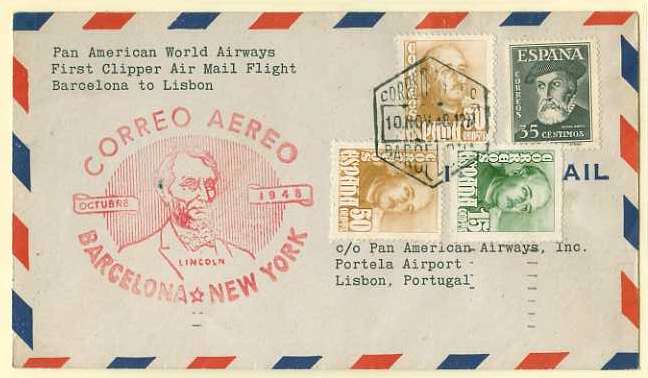 20Lis_554.jpg -     Lote:     554             Descrição:     1948 - Sobrescrito circulado de Barcelona para Lisboa transportada nos aviões DC-6B da PAN AM no 1º Voo de retorno para New York. Os aviões da PAA ligavam semanalmente NEW YORK-SANTA MARIA-LISBOA-BARCELONA e regresso.         Aéreo        Valor Base:     &euro; 10,00     Valor Venda:     &euro;      