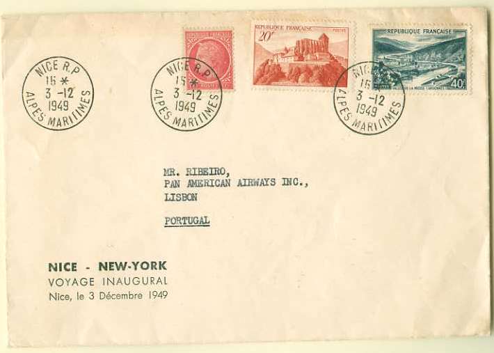 20Lis_555.jpg -     Lote:     555             Descrição:     1949 - 1º Voo Nice para NEW YORK (03.12.1949) pela PAN AM. Sobrescrito de Nice para Lisboa via New York. Carimbo de chegada a Lisboa III (04.12.1949).         Aéreo        Valor Base:     &euro; 8,00     Valor Venda:     &euro;      