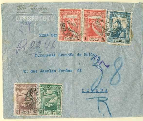 20Lis_566.jpg -     Lote:     566             Descrição:     1939 - Sobrescrito circulado de Luanda (17.05.39) para Lisboa (25.05.39), via Ponta Negra (18.05.39) e Tanger, transportada pela Companhia Francesa Aeromaritime. Enlace em Tanger com a Aero - Portuguesa. Porte de 8.75 Angolares em selos do Império Colonial Português.         Aéreo        Valor Base:     &euro; 20,00     Valor Venda:     &euro;      