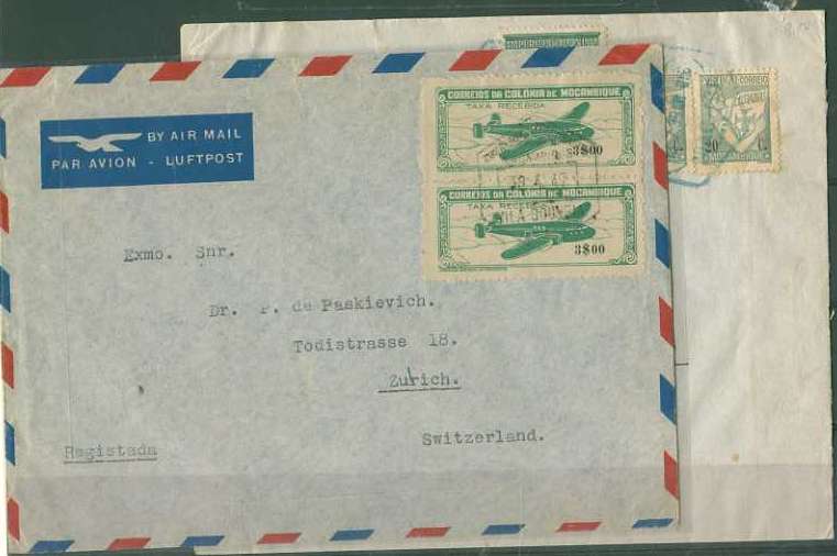 20Lis_571.jpg -     Lote:     571             Descrição:     1947 - Sobretaxa do correio aéreo. Lote de duas cartas: uma circulada de Vila Gouveia  (30.04.47) para a Suiça com par vertical de selos de 3$00 "Avião" CE CA15; e outra circulada de Quelimane (14.07.39) também para a Suiça, com dois selos de $30 Lusíadas e selo de correio aéreo de 3$00 do Império Colonial CE CA6.         Aéreo        Valor Base:     &euro; 10,00     Valor Venda:     &euro;      