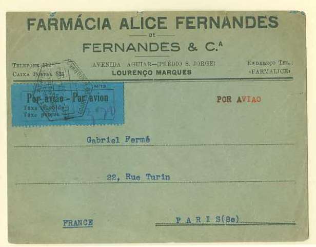 20Lis_574.jpg -     Lote:     574             Descrição:     1937 - Sobretaxa do Correio Aéreo. Legenda "Taxa recebida / Taxe perçue". Modelo M/13. CE SCA7, preto s/ azul escuro. Sobrescrito circulado de Lourenço Marques (11.11.37) para França, com porte manuscrito de 3$70.         Aéreo        Valor Base:     &euro; 15,00     Valor Venda:     &euro;      