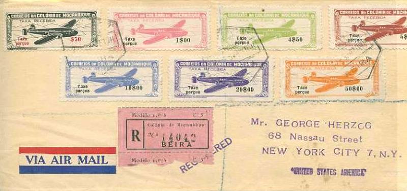 20Lis_575.jpg -     Lote:     575             Descrição:     1947 - Correio aéreo. Avião com legenda "taxe perçue". Carta registada remetida da Beira (22.05.47) para Nova York (31.05.47), franquiada com 7 selos  do correio aéreo de Moçambique, $50; 1$00; 4$50; 5$00; 10$00; 20$00 e 50$00 CE CA16,17.19,20,21,22 e 23. MB e MR.         Aéreo        Valor Base:     &euro; 150,00     Valor Venda:     &euro;      