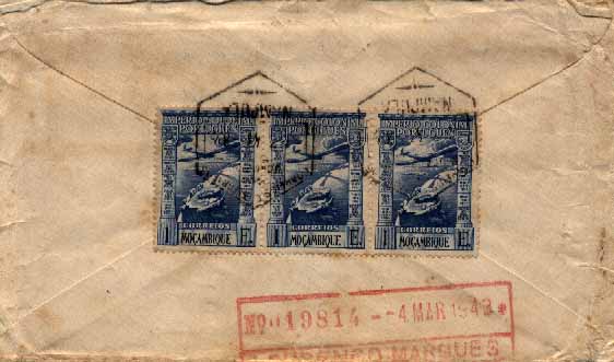20Lis_577.jpg -     Lote:     577             Descrição:     1938 - Império Colonial Português. Sobrescrito circulado registado por via aérea de Nampula (01.03.43) para Lourenço Marques (04.03.43) com tira de 3 selos de 1$00 CE CA44. Interessante correio aéreo interno.         Aéreo        Valor Base:     &euro; 5,00     Valor Venda:     &euro;      
