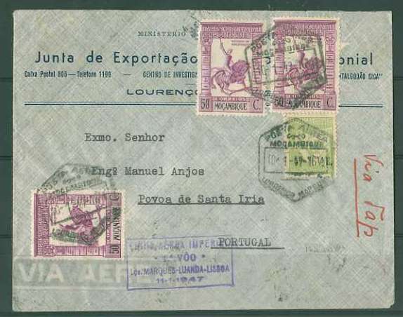 20Lis_578.jpg -     Lote:     578             Descrição:     1947 - 1.º Voo Lourenço Marques - Luanda - Lisboa. Linha Aérea Imperial. Sobrescrito circulado de L. Marques (10.01.47) para Póvoa de Santa Iria (17.01.47) com trânsito por Lisboa (17.01.47), com 13 selos de $50 Império Colonial (bloco de 10 selos no verso) e selo de 5$00 Lusíadas. Carimbo comemorativo do 1.º voo batido a violeta.          Aéreo        Valor Base:     &euro; 5,00     Valor Venda:     &euro;      