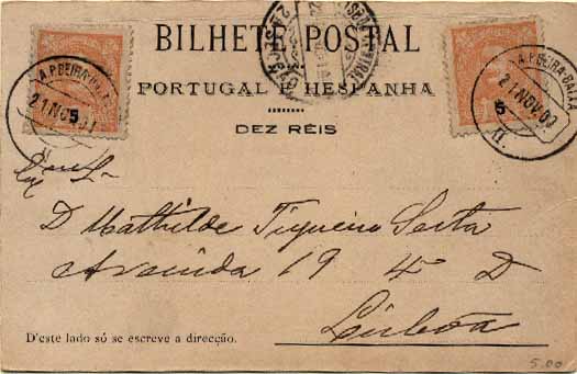 20Lis_596.jpg -     Lote:     596             Descrição:     Correio ferroviário. Postal ilustrado circulado pela A.P. BEIRA-BAIXA II (21.11.03) para Lisboa (22.11.03) com dois selos de 5 reis D. Carlos I Mouchon CE127.         PI        Valor Base:     € 10,00     Valor Venda:     €      