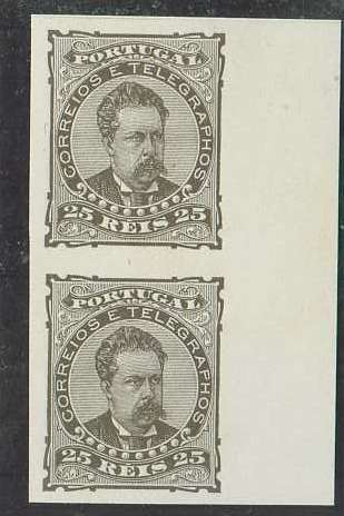 20Lis_638.jpg -     Lote:     638             Descrição:     1881 - D. Luís I de frente. Tipo V (tipo aprovado). Par vertical de 25 reis castanho escuro, bordo direito de folha, não denteado, papel liso, sem goma. OM197. MB.         PRV        Valor Base:     &euro; 10,00     Valor Venda:     &euro;      