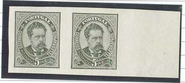 20Lis_639.jpg -     Lote:     639             Descrição:     1881 - D. Luís I de frente. Tipo VII (tipo aprovado). Par horizontal de 5 reis preto cinzento, bordo direito de folha, não denteado, papel liso, sem goma. OM224. MB.         PRV        Valor Base:     &euro; 10,00     Valor Venda:     &euro;      