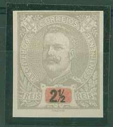 20Lis_641.jpg -     Lote:     641             Descrição:     1895/98 - D. Carlos I Mouchon. Tipo II. Prova de 2.5 reis em cinzento, com o fundo da janela da taxa em laranja, não denteada, papel liso. Não catalogada por OM.         PRV        Valor Base:     &euro; 30,00     Valor Venda:     &euro;      