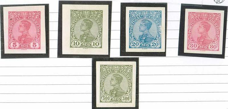 20Lis_649.jpg -     Lote:     649             Descrição:     1908/09 - D. Manuel II. Tipo VIII. Lote de 5 provas não denteadas: 5 reis carmim, 10 reis verde azeitona, 20 reis azul, 80 reis carmim e 300 reis verde azeitona.         PRV        Valor Base:     &euro; 30,00     Valor Venda:     &euro;      