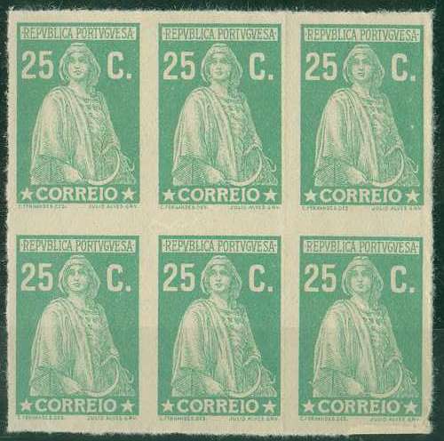 20Lis_652.jpg -     Lote:     652             Descrição:     1926 - Tipo Ceres. Desenho de Júlio Alves. Não emitido. Bloco de seis provas de 25 ctvs, verde claro, não denteadas, em papel liso.         PRV        Valor Base:     &euro; 20,00     Valor Venda:     &euro;      