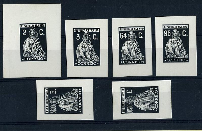 20Lis_653.jpg -     Lote:     653             Descrição:     1926 - Ceres. Emissão de Londres. Lote de seis provas de cunho não denteadas, todas em preto, nas taxas de 2 ctvs, 3 ctvs, 64 ctvs, 96 ctvs 5$00 e 10$00.         PRV        Valor Base:     &euro; 50,00     Valor Venda:     &euro;      