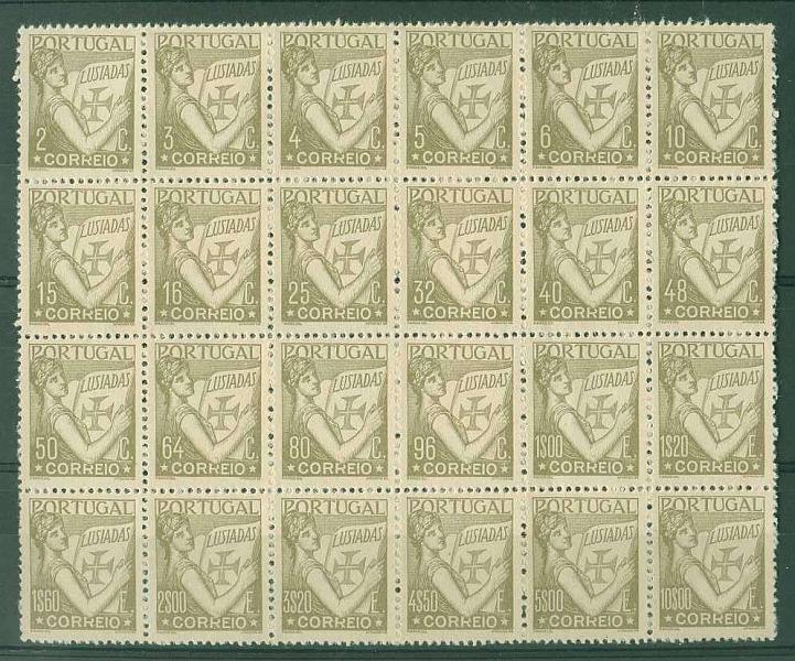 20Lis_658.jpg -     Lote:     658             Descrição:     1926/31 - Tipo Lusíadas. Bloco de 24 selos com provas de cor em cinzento com todos os valores emitidos (com excepção do 75 C e 1$25), bem como a taxa de 1$60 da emissão de 1933, e os valores de 2, 3, 32, 64, 96, 3$20 e 10$00 não emitidos. MB e MR.         PRV        Valor Base:     &euro; 100,00     Valor Venda:     &euro;      